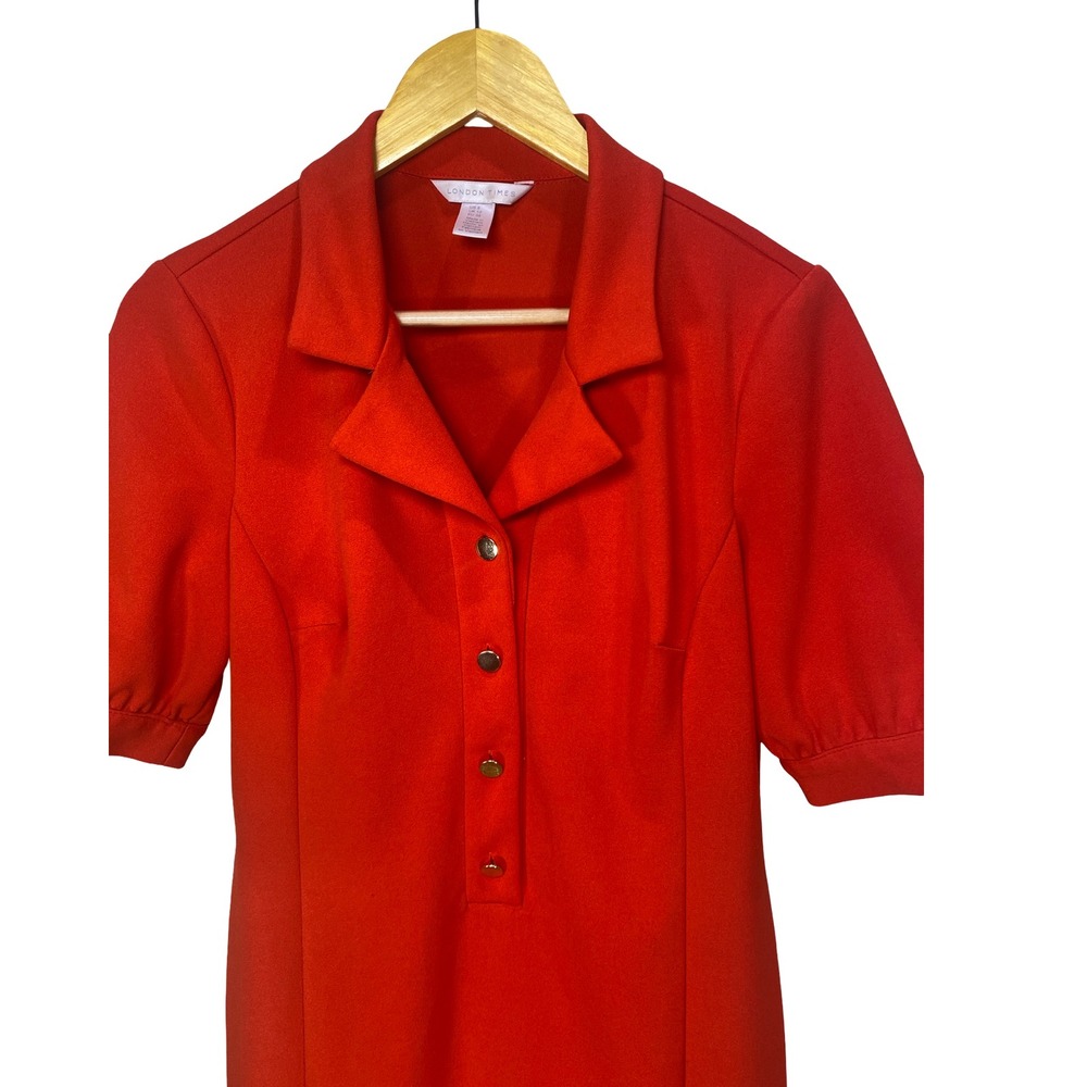 London Times Red Short Sleeve‎ Button Front Shift Dress with Collar Size 8 Carer - Picture 4 of 10